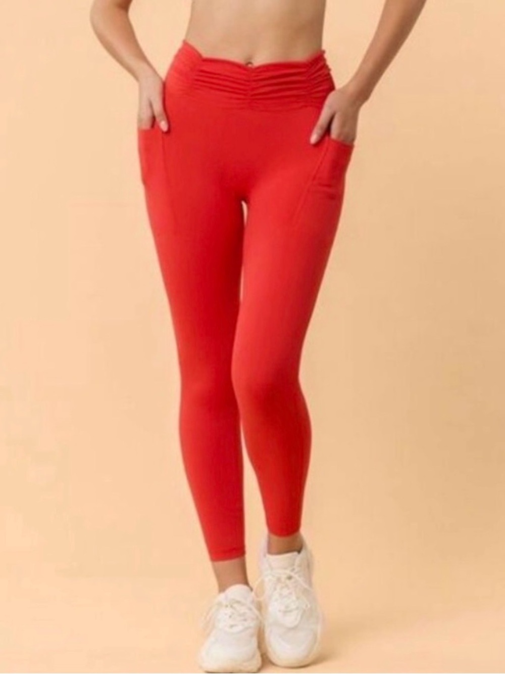 Ruched High-Waist Red Leggings with Side Pockets - Women